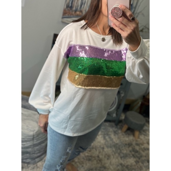 Mardi Gras Sequined Color Block French Terry Purple Green Gold Ivory 1123 - Picture 4 of 11